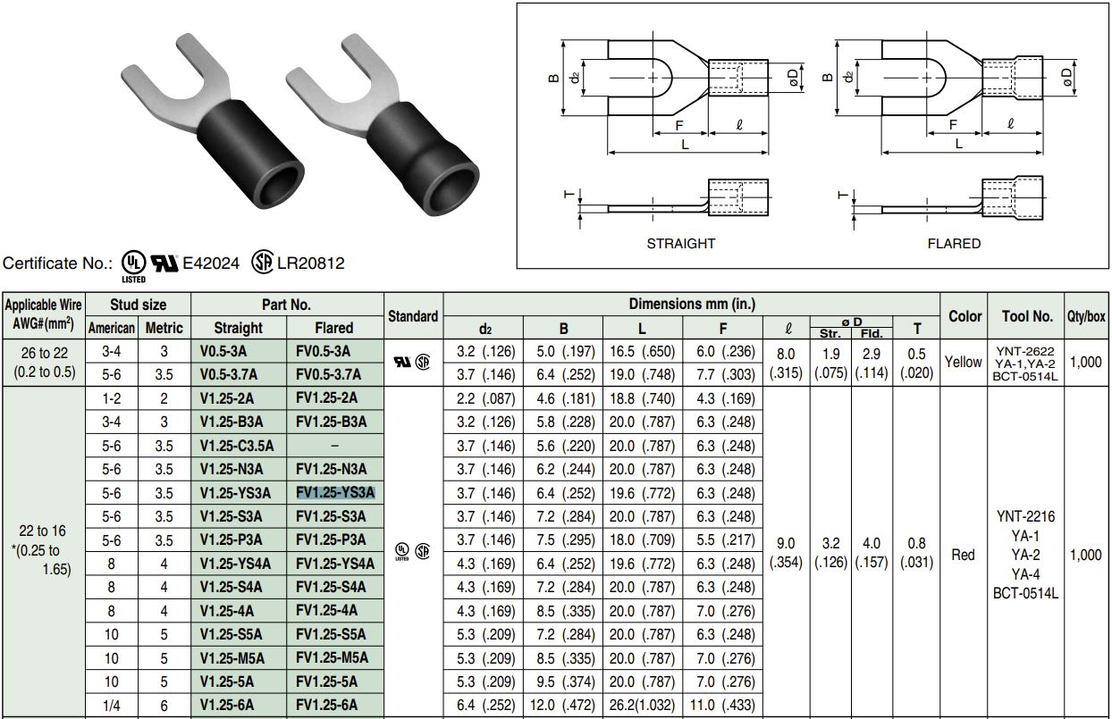 Cable Lug : JST FV1.25-YS3A Insulated Base Crimp Terminals (Y TYPE)